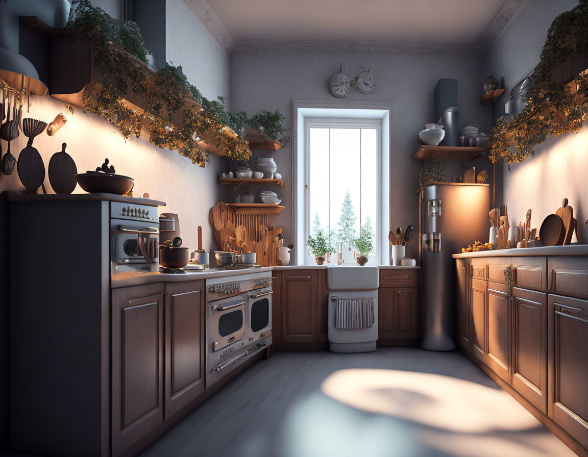 Vintage Kitchen Interior with Wood Cabinets and Hanging Pots