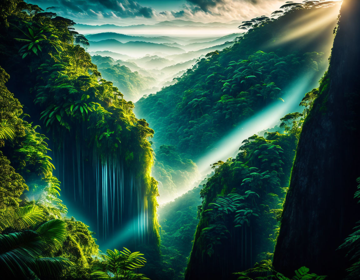 Sunlight illuminates misty rainforest waterfall.