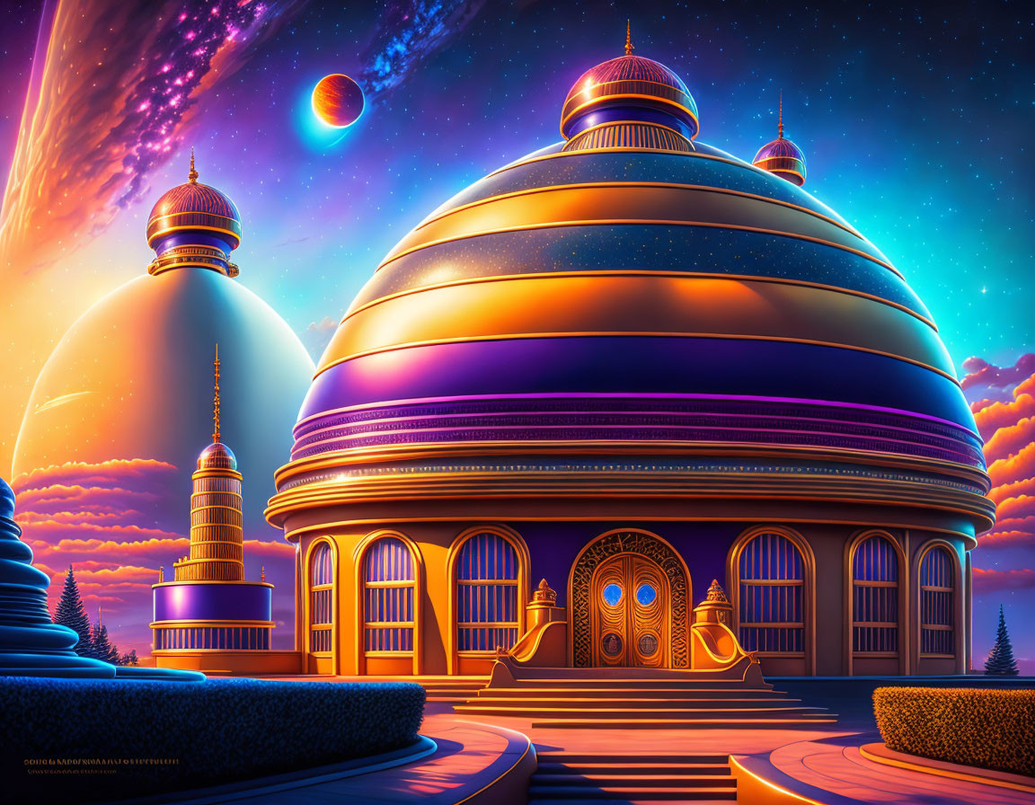 Futuristic digital artwork of dome building in cosmic setting