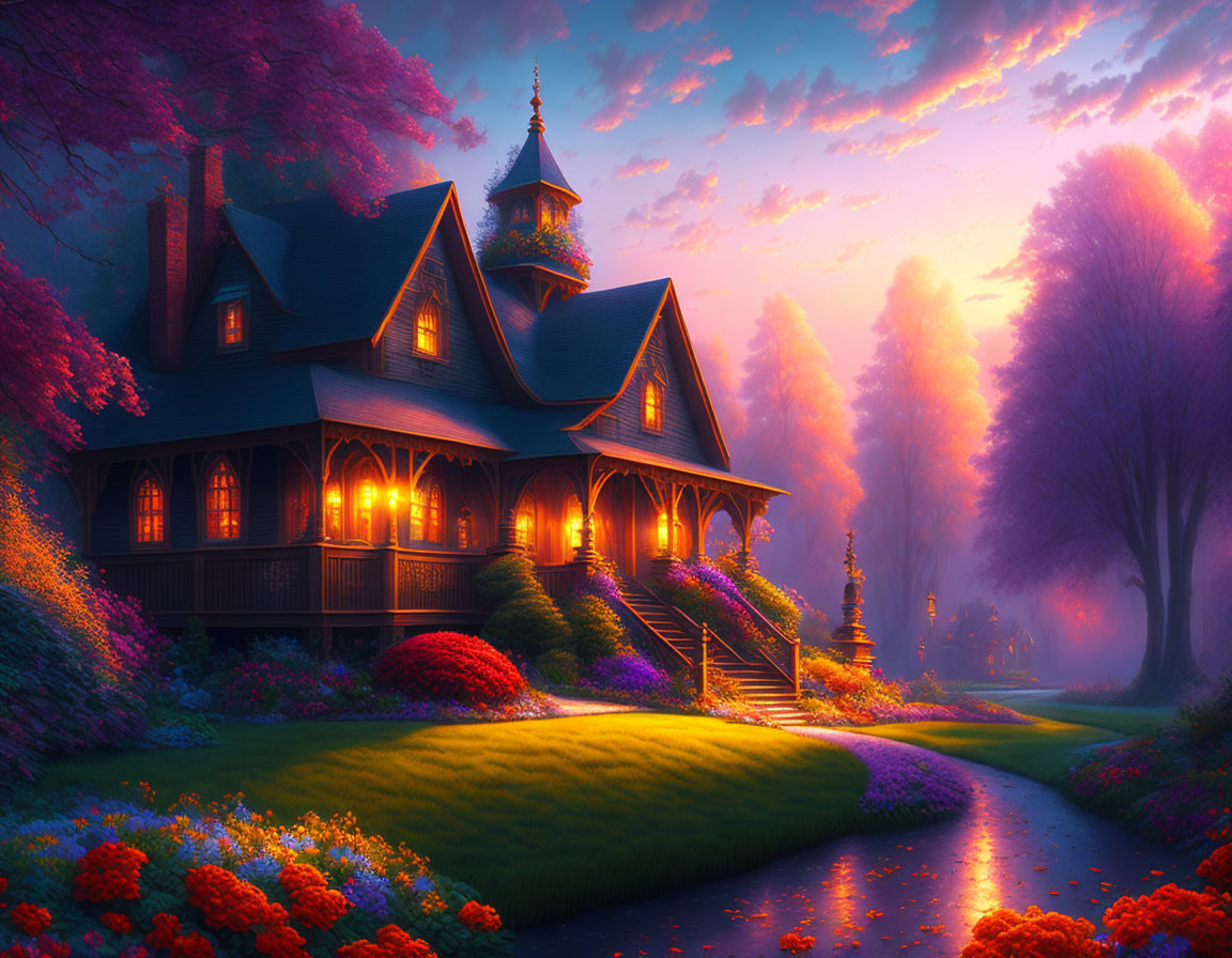 Victorian-style house in magical garden at twilight