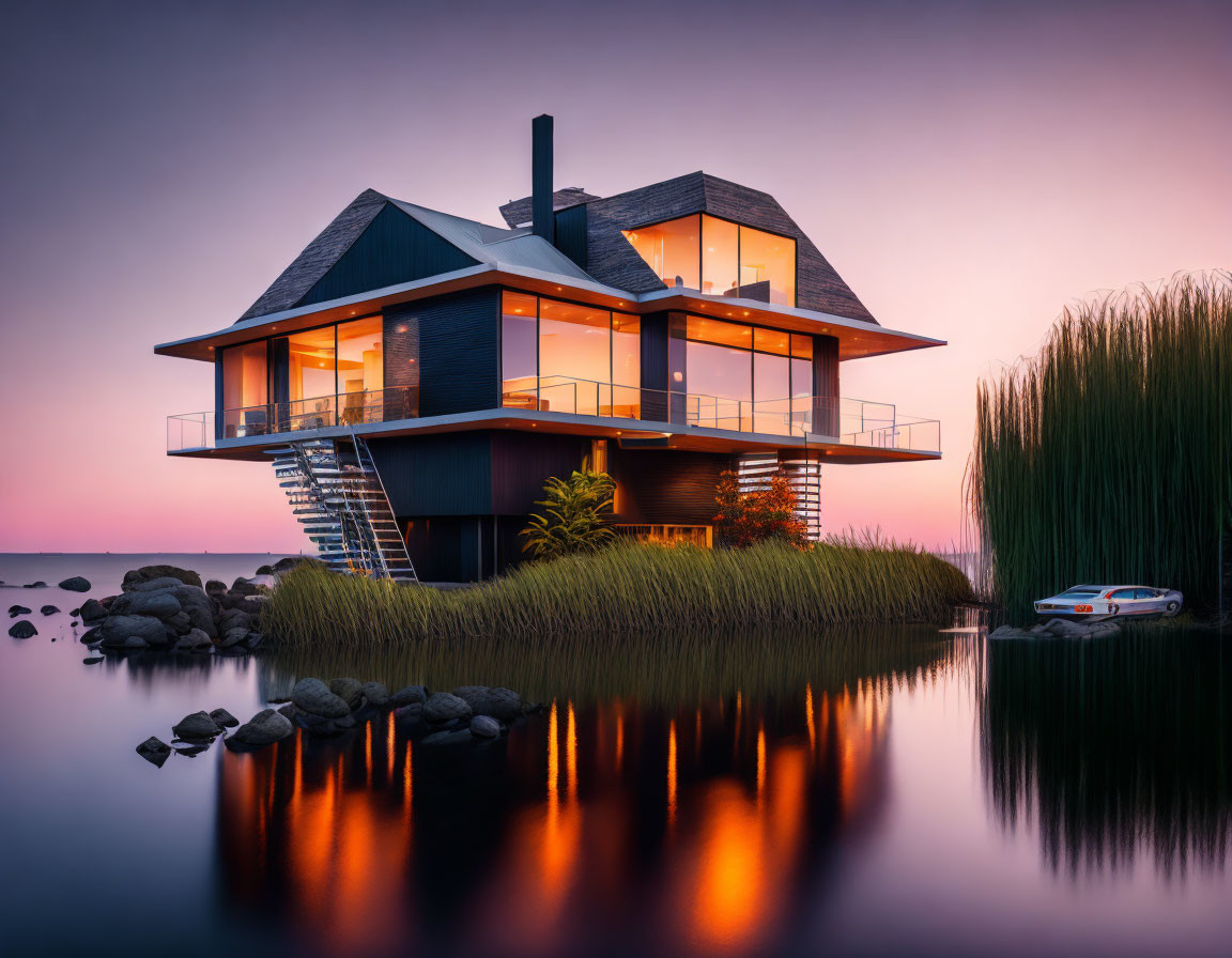 Contemporary lakeside house with illuminated interior at twilight