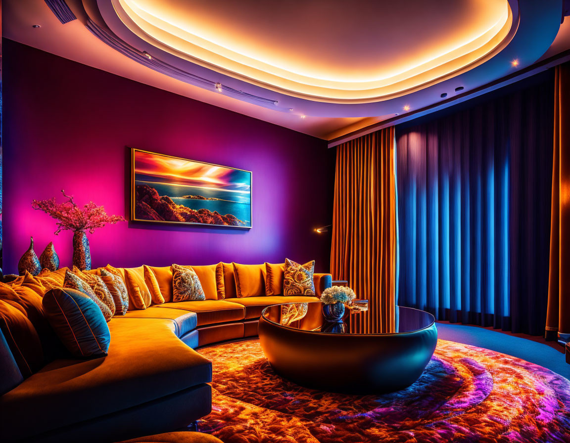 Colorful Living Room with Purple Walls, Orange Sofa, and Modern Decor