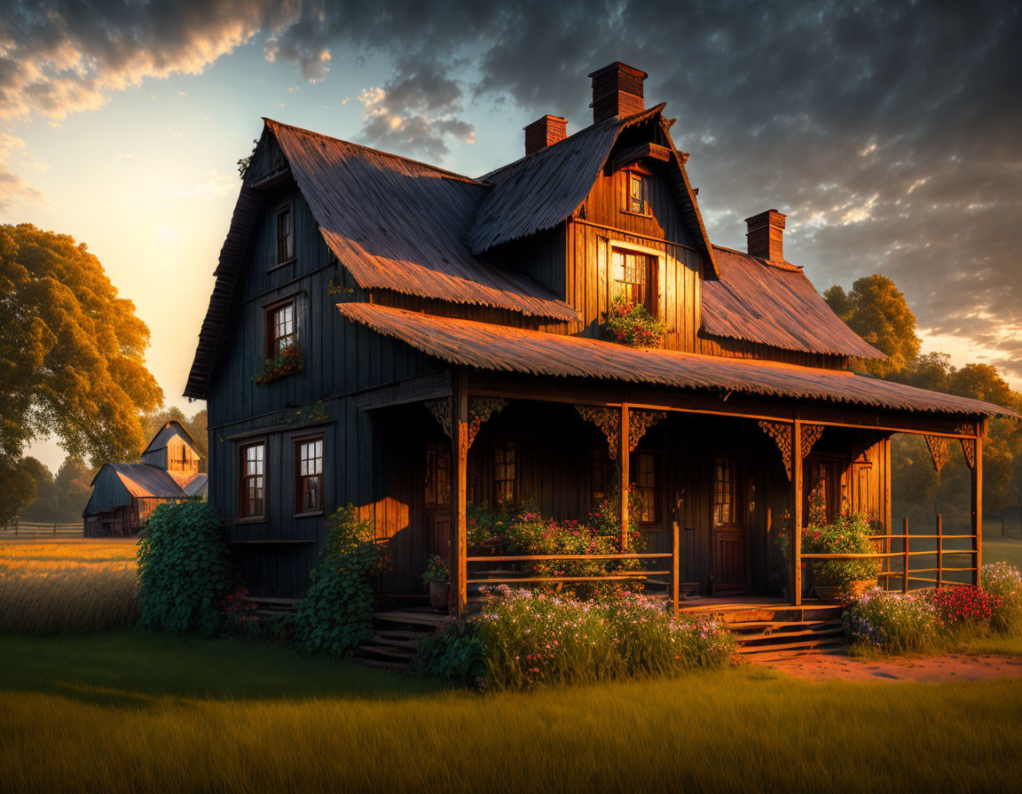 Rustic wooden house with porch in lush green setting at sunset