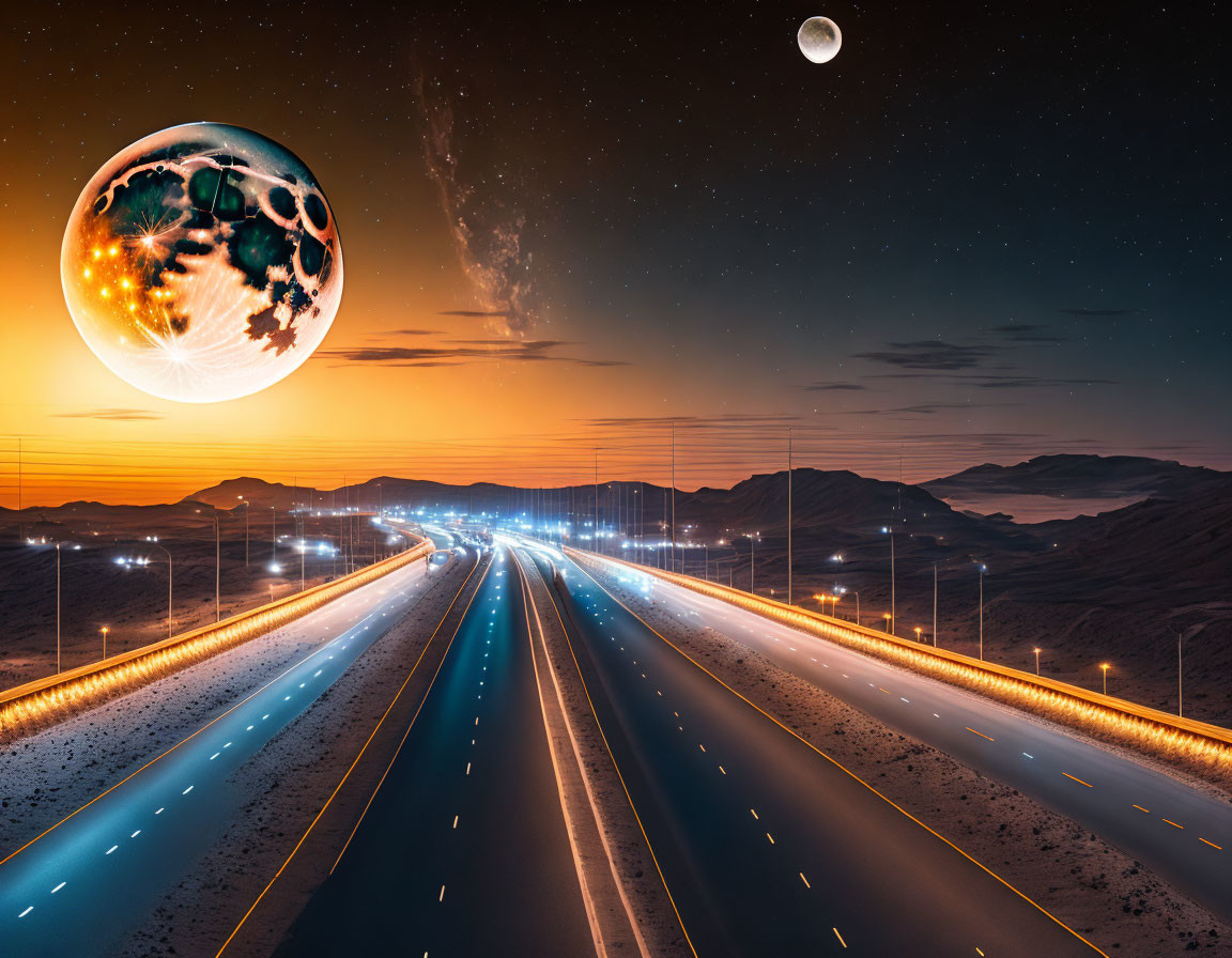 Highway at Dusk with Surreal Planet and Stars