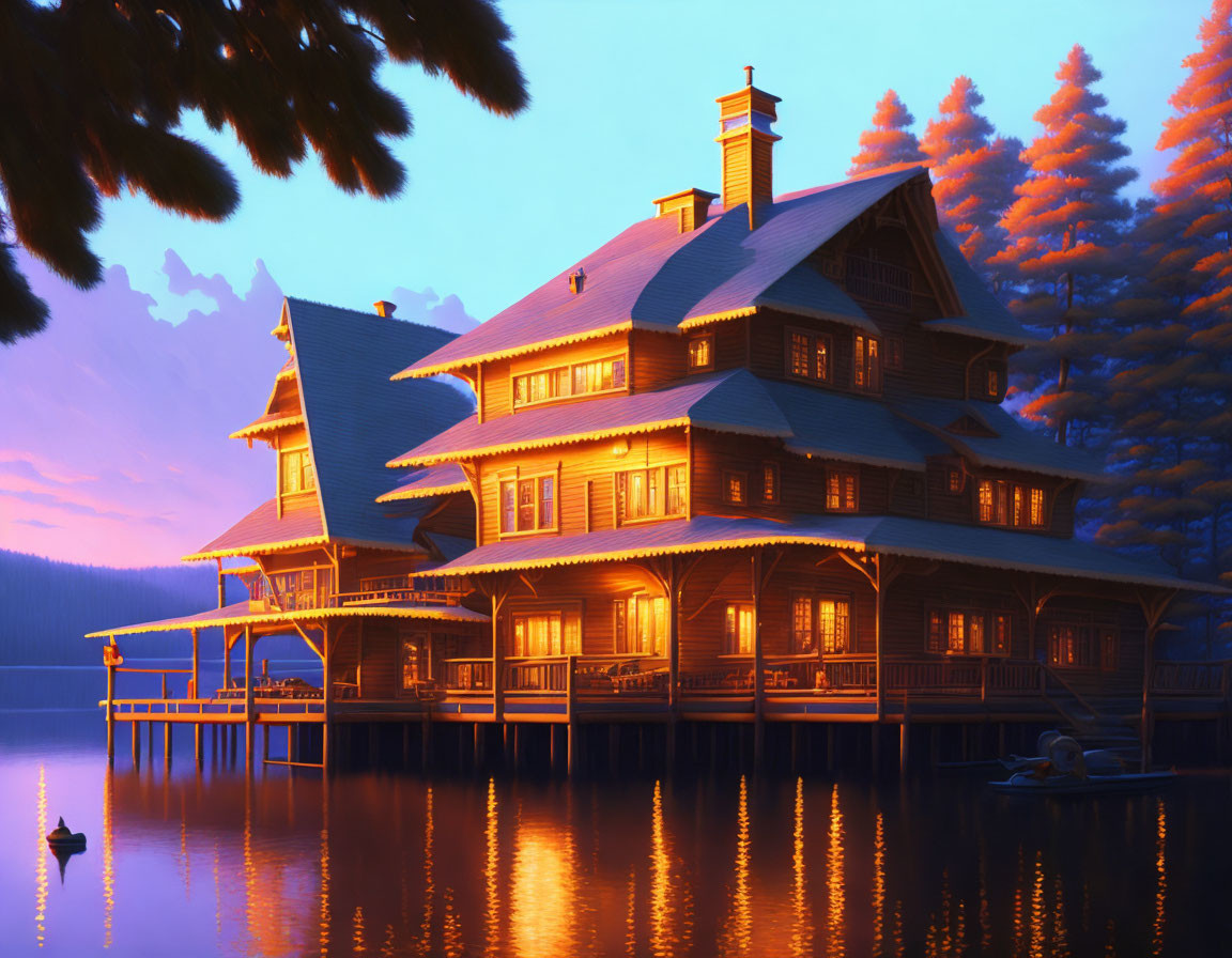 Spacious illuminated lakeside wooden house at dusk