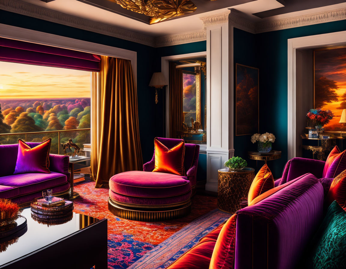 Elegant room with purple sofas, ottoman, pillows, sunset view windows, and gold decor