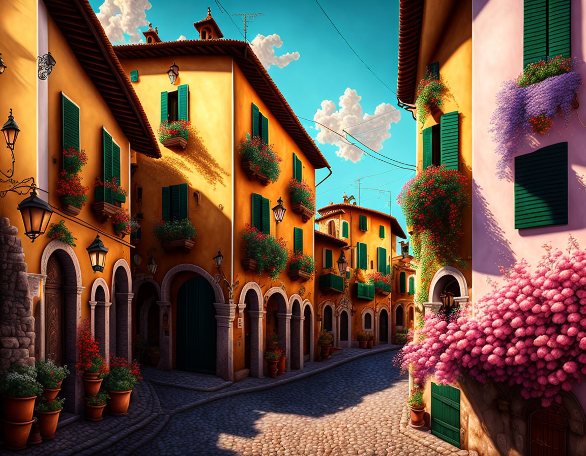 Colorful European Street with Flower-Adorned Houses