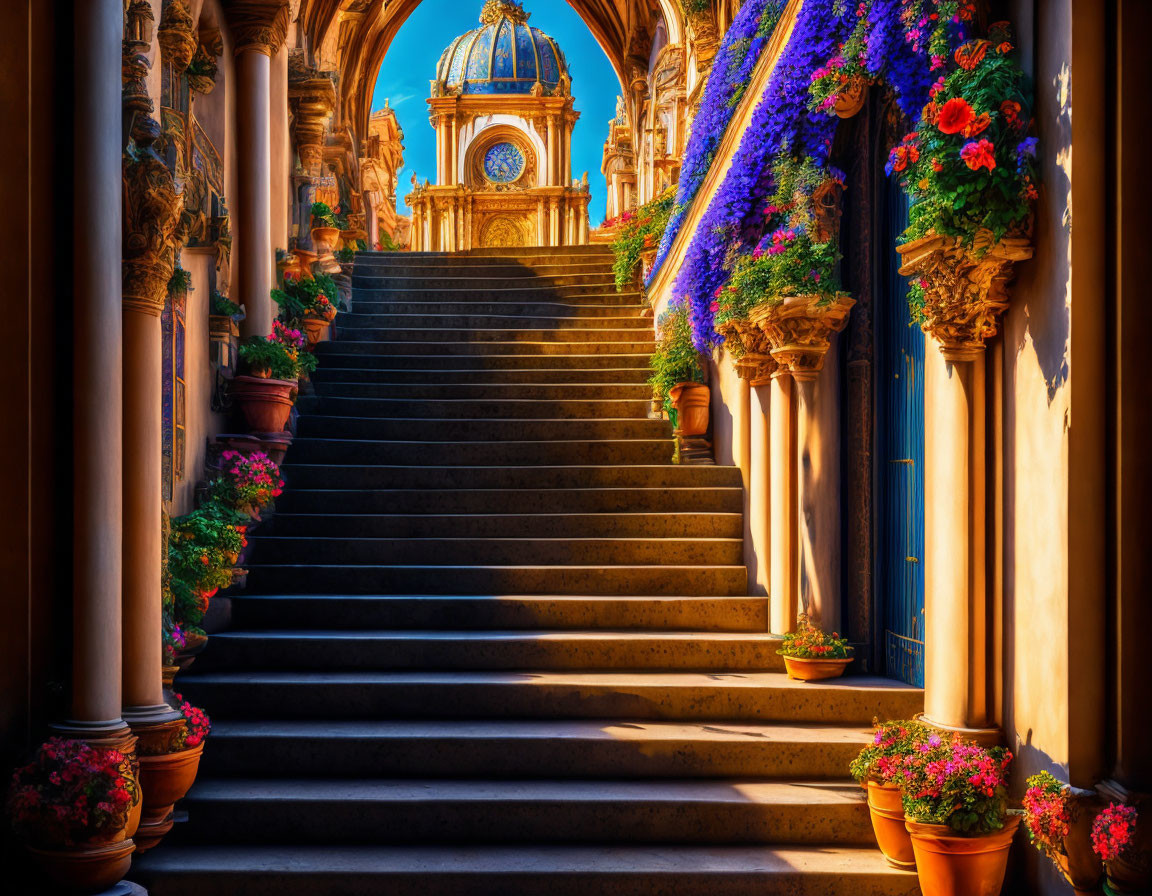 Flower-adorned staircase and ornate archway under clear blue sky