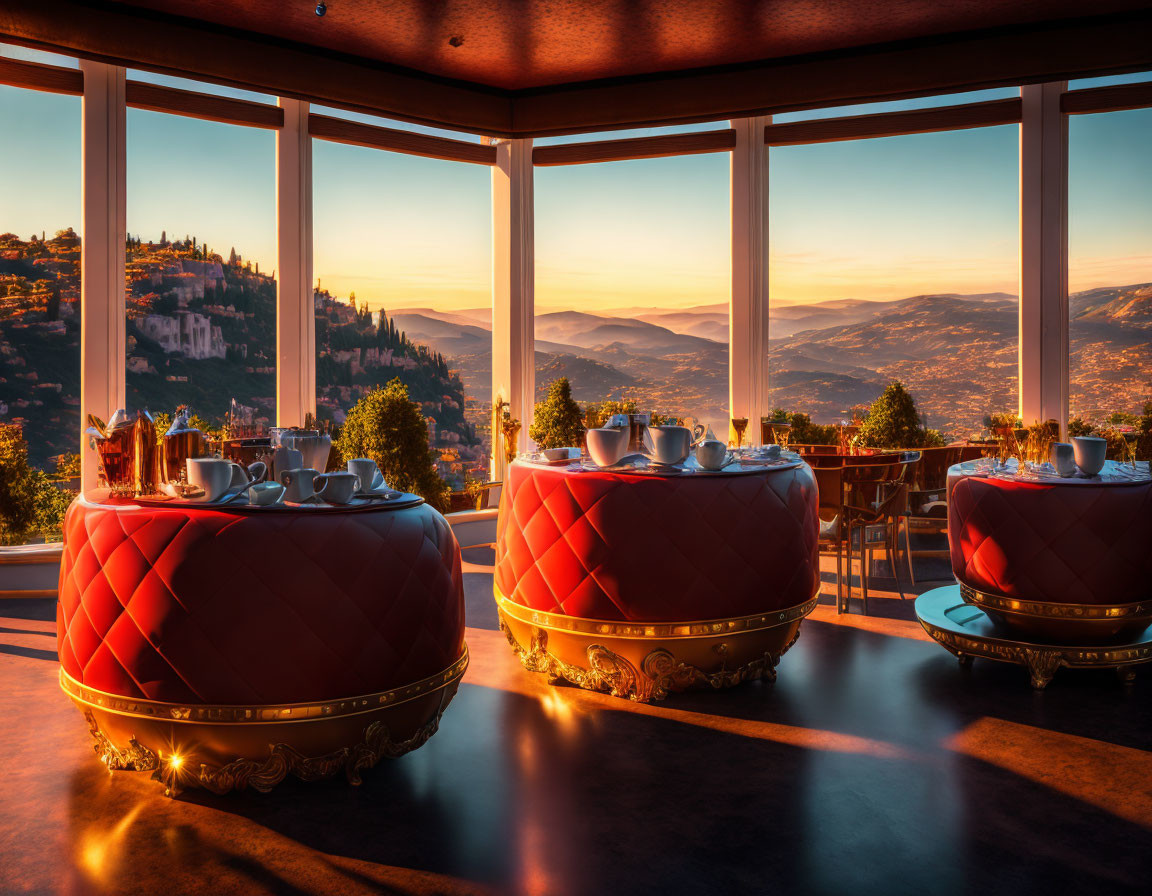 Panoramic hilltop restaurant with elegant dining tables