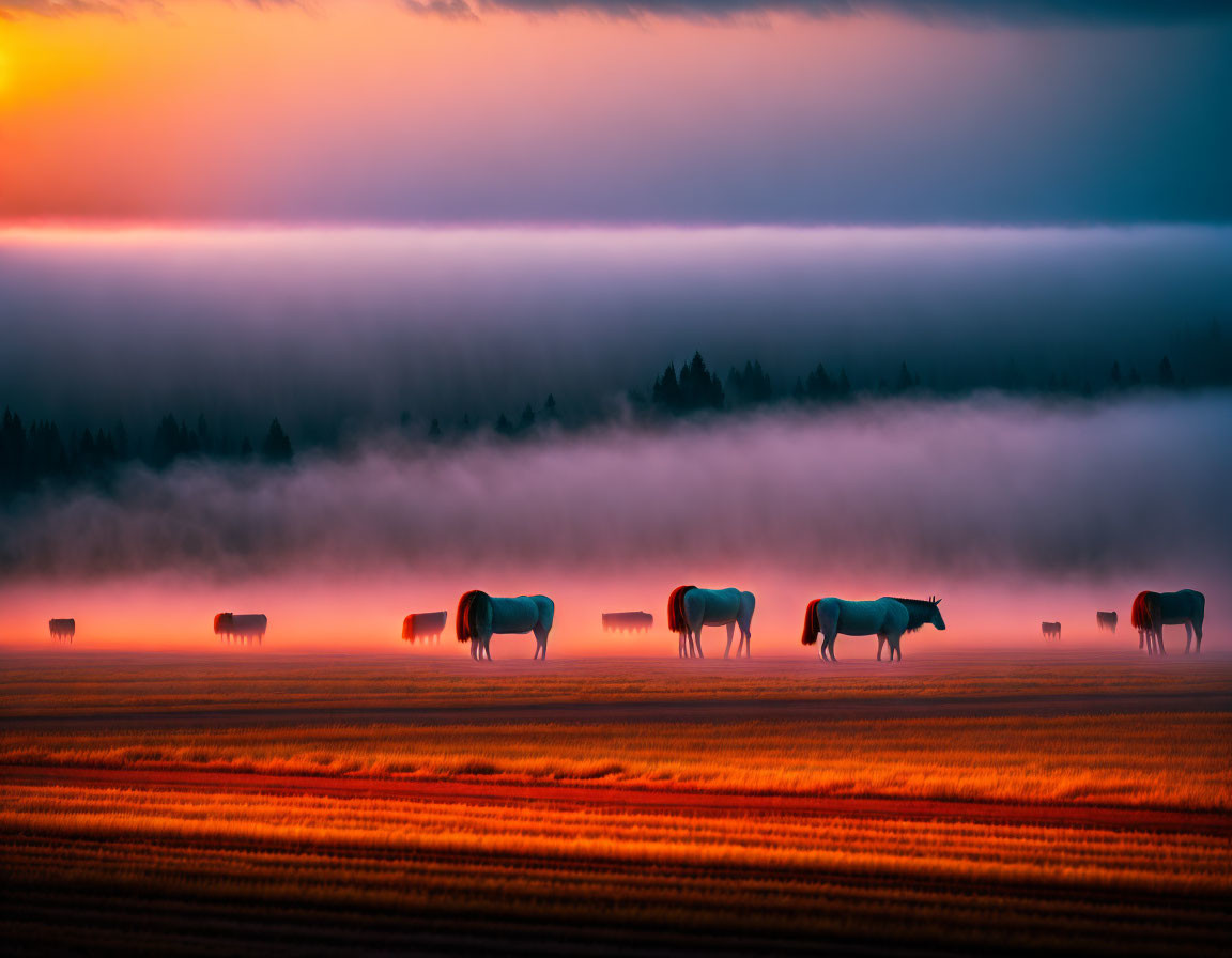 Horses grazing in field at dusk with fog layer and orange sky