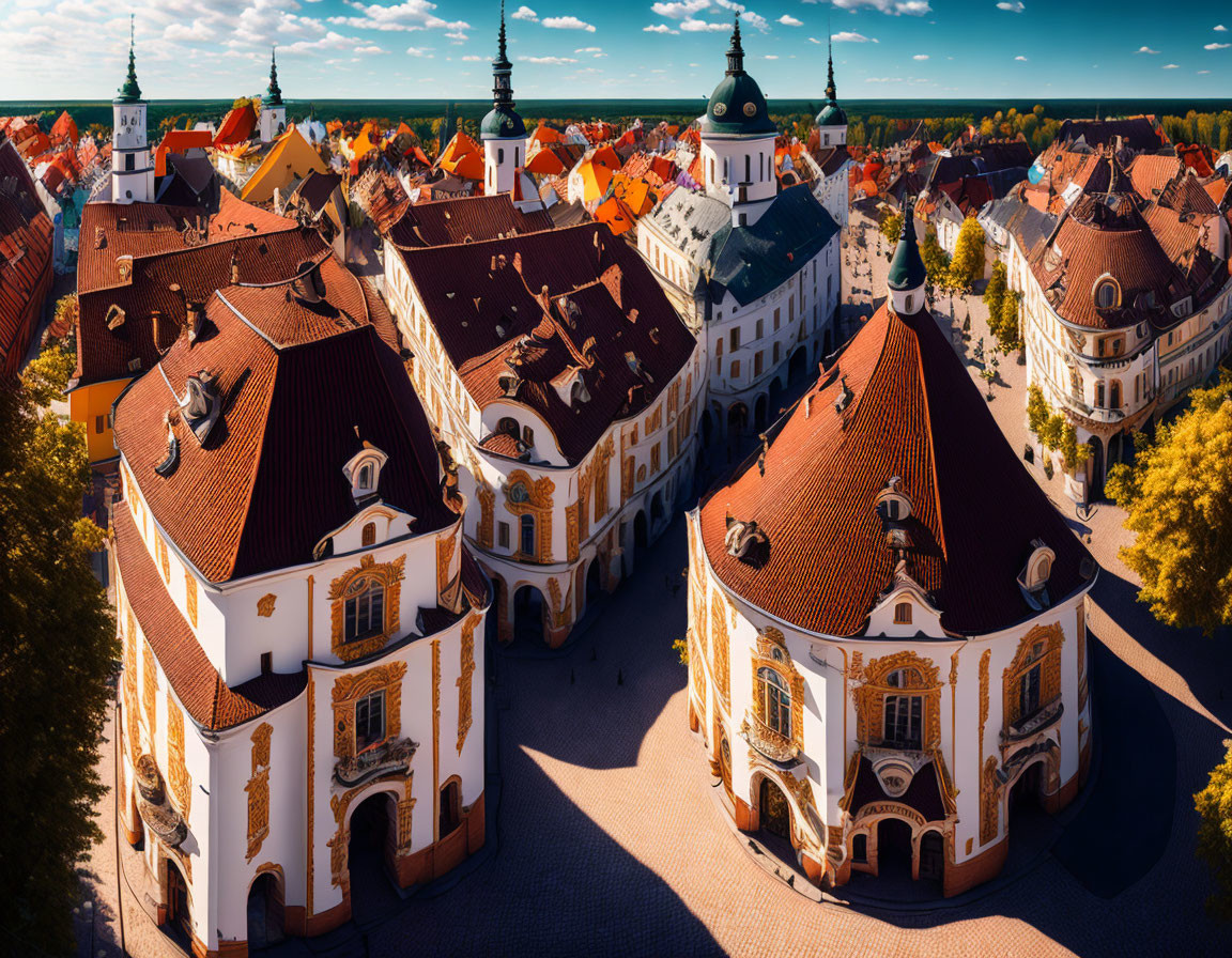 European Town Square with Baroque Buildings and Church Spire