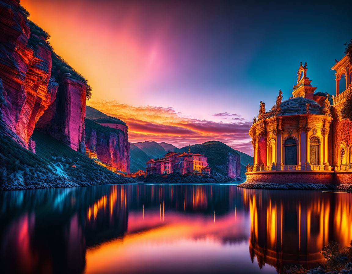 Scenic sunset over lake with ornate buildings and cliffs