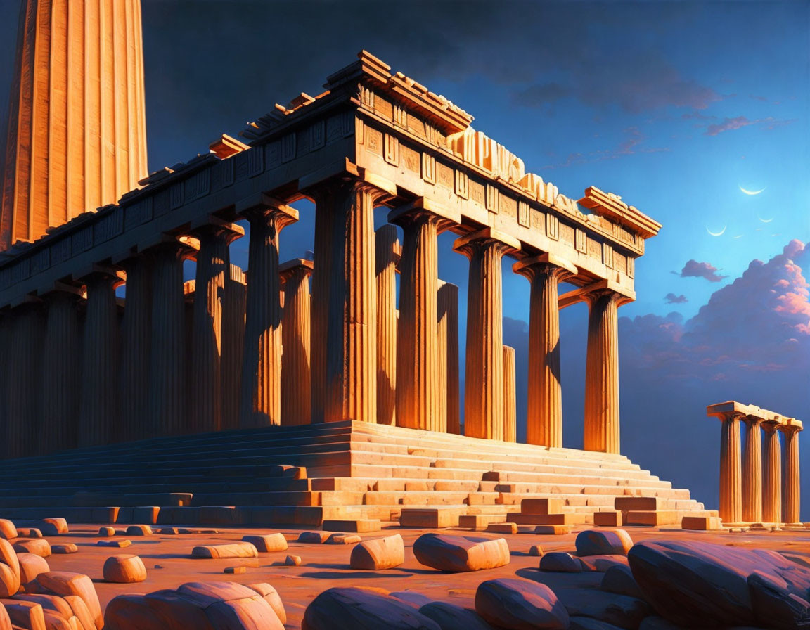 Ancient Greek Temple with Doric Columns at Sunset