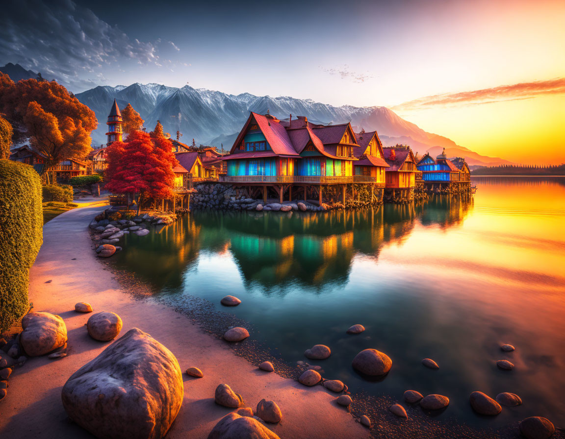 Scenic Lakeside Houses at Sunset with Mountains and Autumn Trees