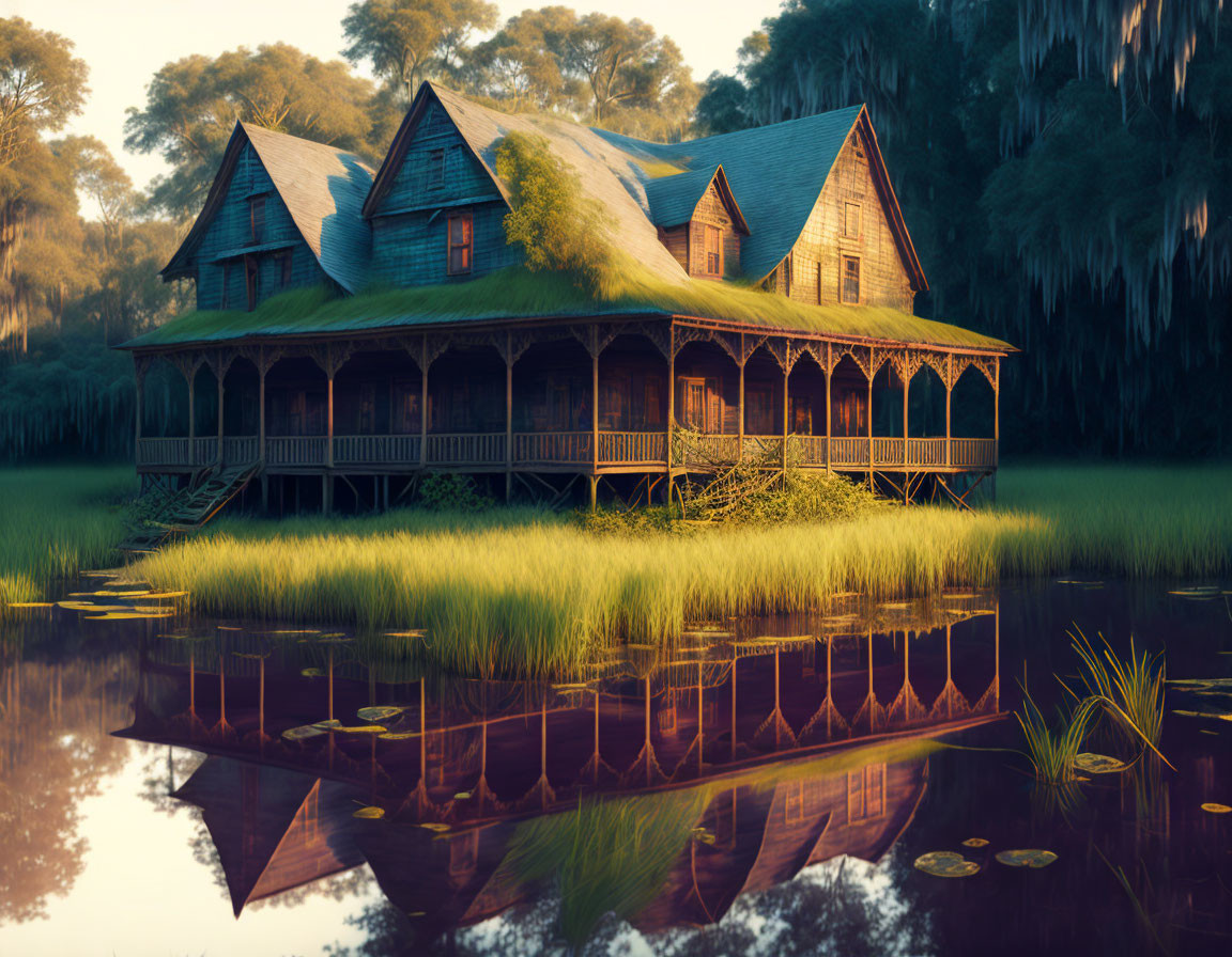 Vintage house with large porch in tall grasses at sunset.