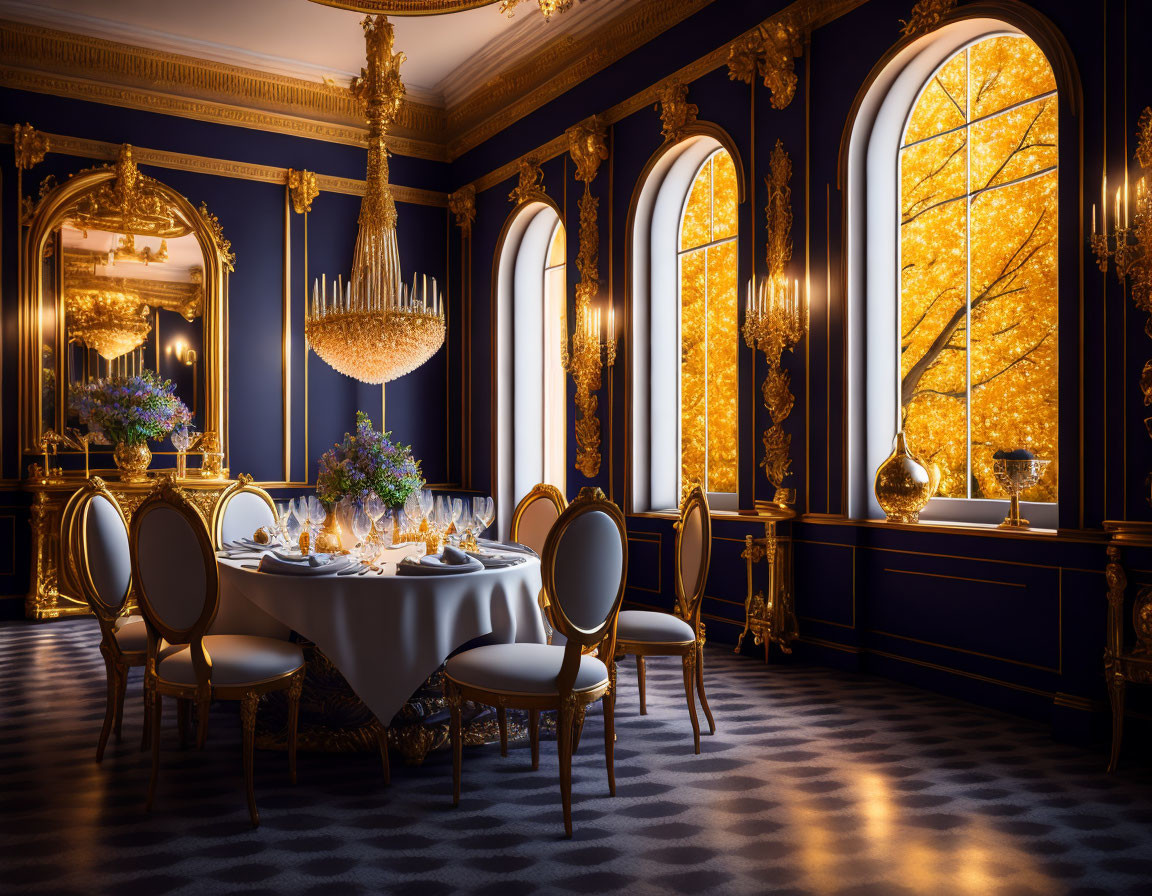 Luxurious Dining Room with Gold & Blue Decor and Crystal Chandelier