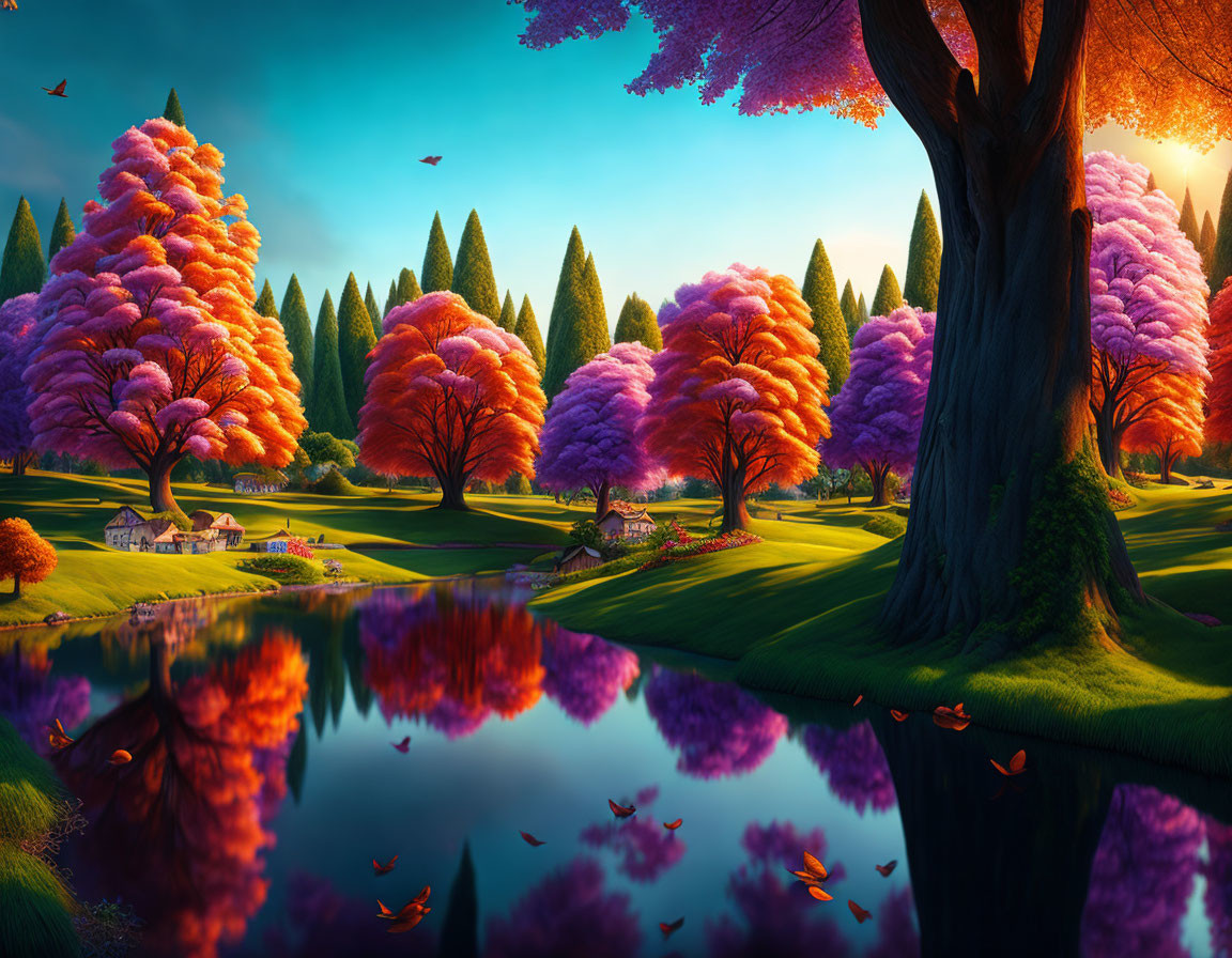 Tranquil lake scene with purple trees, golden sunset, and distant house