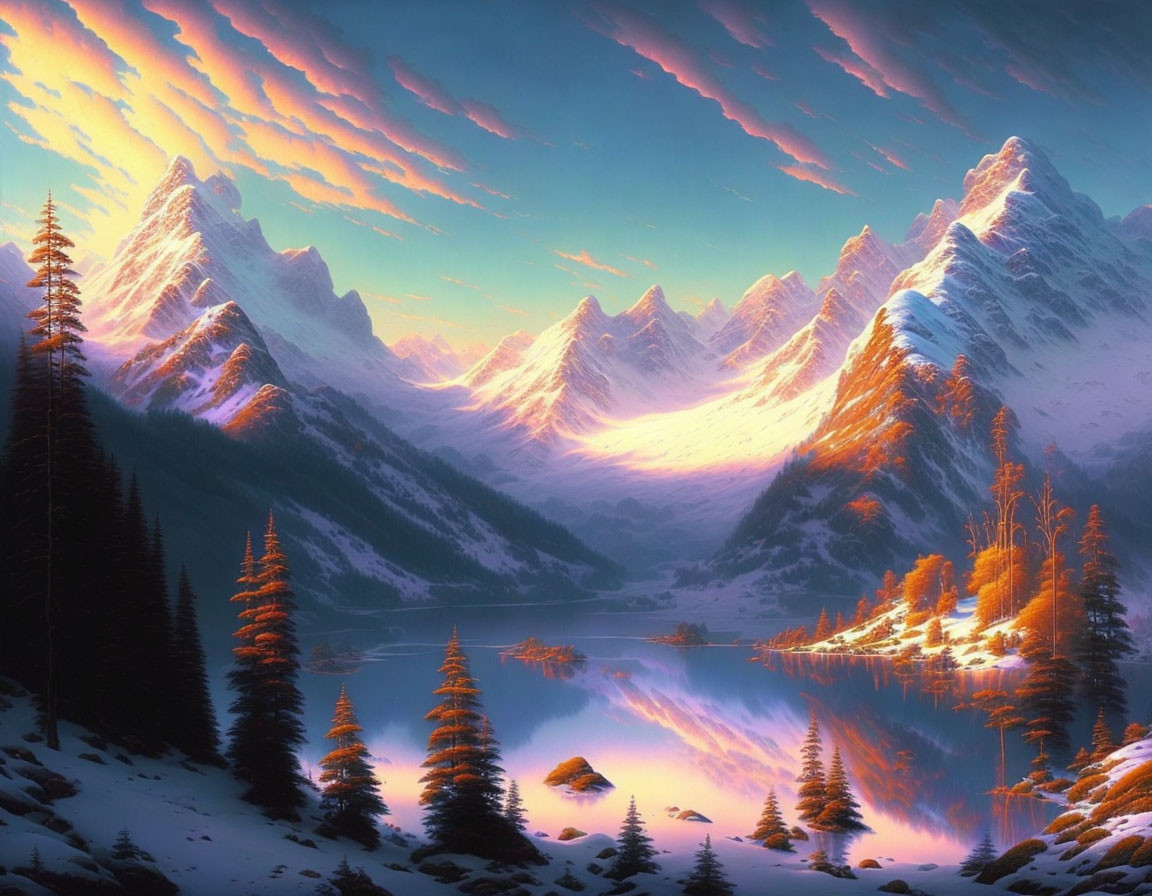 Snow-capped mountains, serene lake, sunset reflections, pine trees, streaky clouds