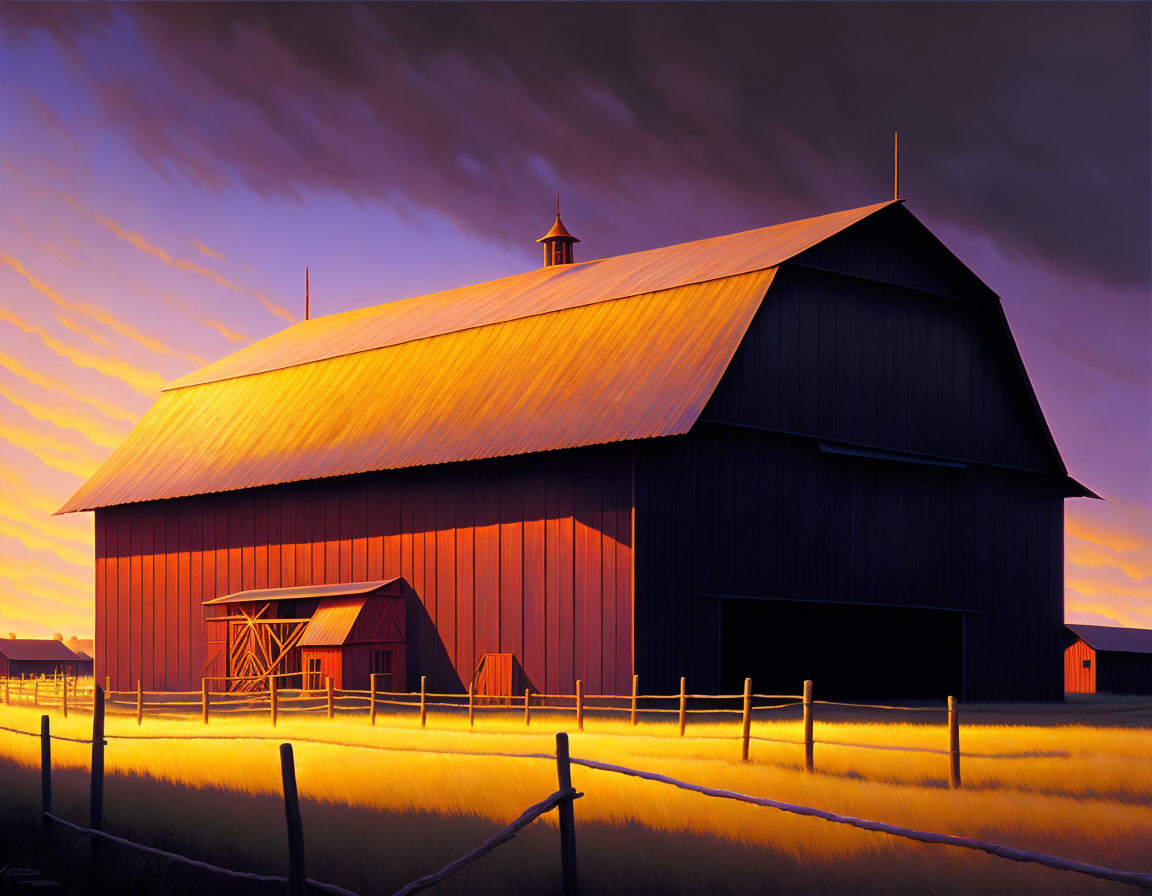 Red Barn Silhouetted Against Vibrant Sunset Sky