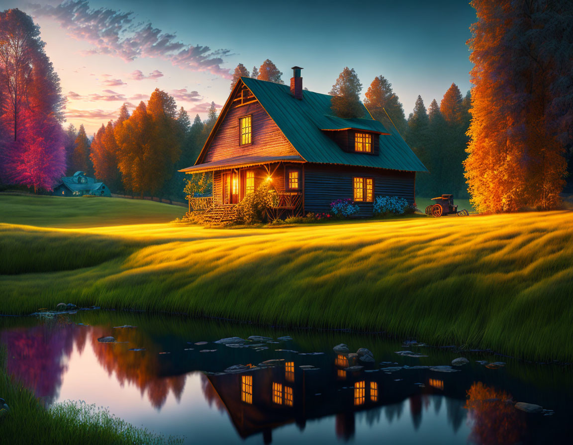 Autumnal landscape: Wooden cottage by serene pond at sunset