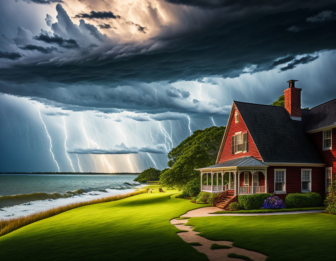 Red-roofed house near lake under stormy sky with lightning.