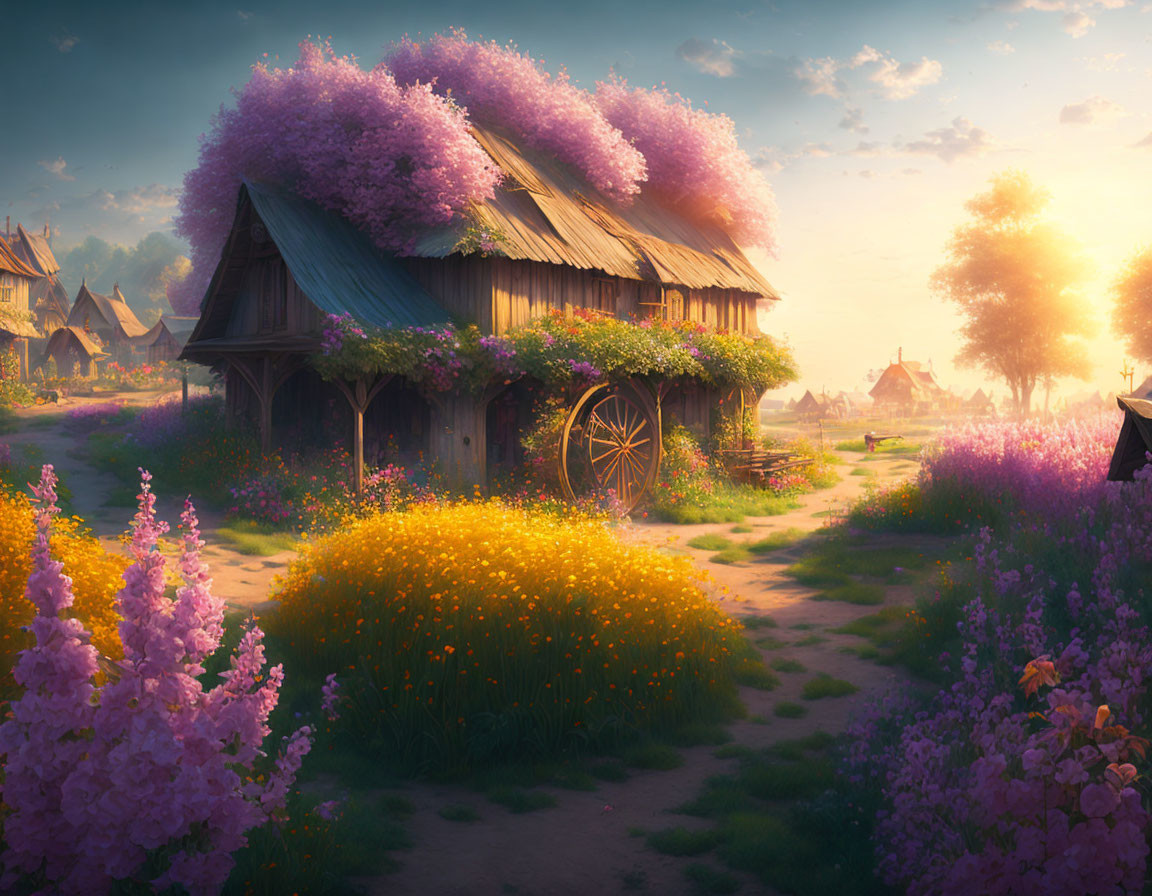 Thatched Roof Cottage with Lilac Wisteria & Sunrise Landscape