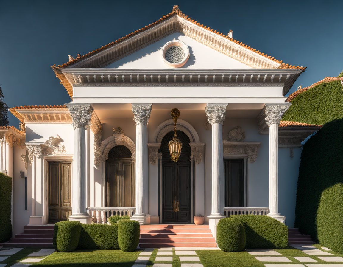 Luxurious Mansion with Classic Columns and Landscaped Greenery