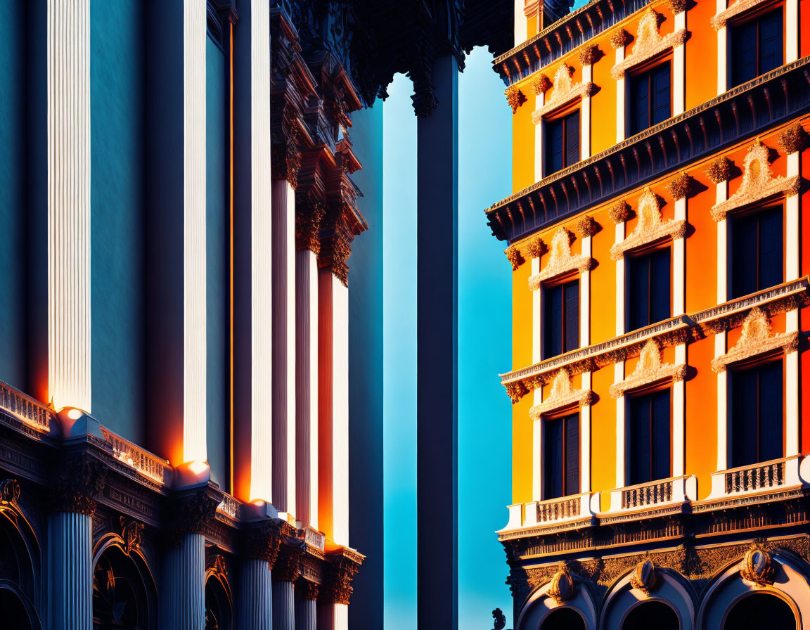 Contrasting buildings: classical columns vs. ornate orange balconies