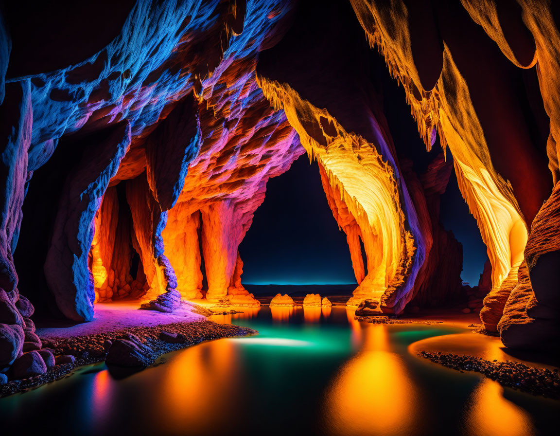 Symmetrical rock formations and arches in illuminated cave with vibrant blue and orange lights.