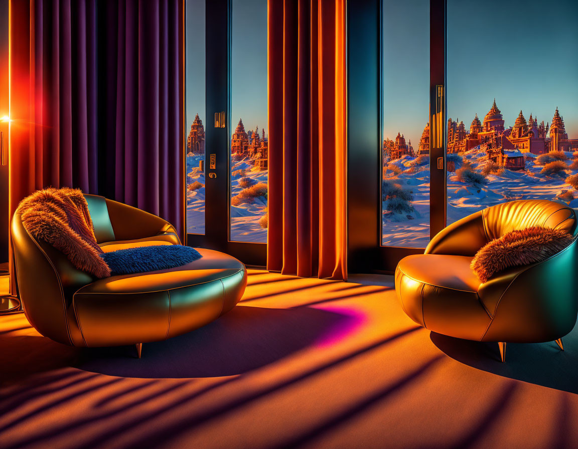 Modern chairs in warm interior overlooking snowy landscape