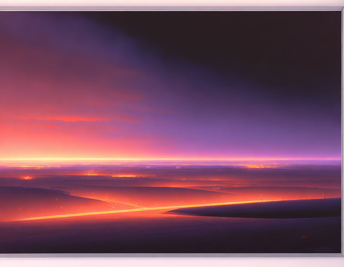 Vivid violet and red twilight sky over dark landscape with road streaks