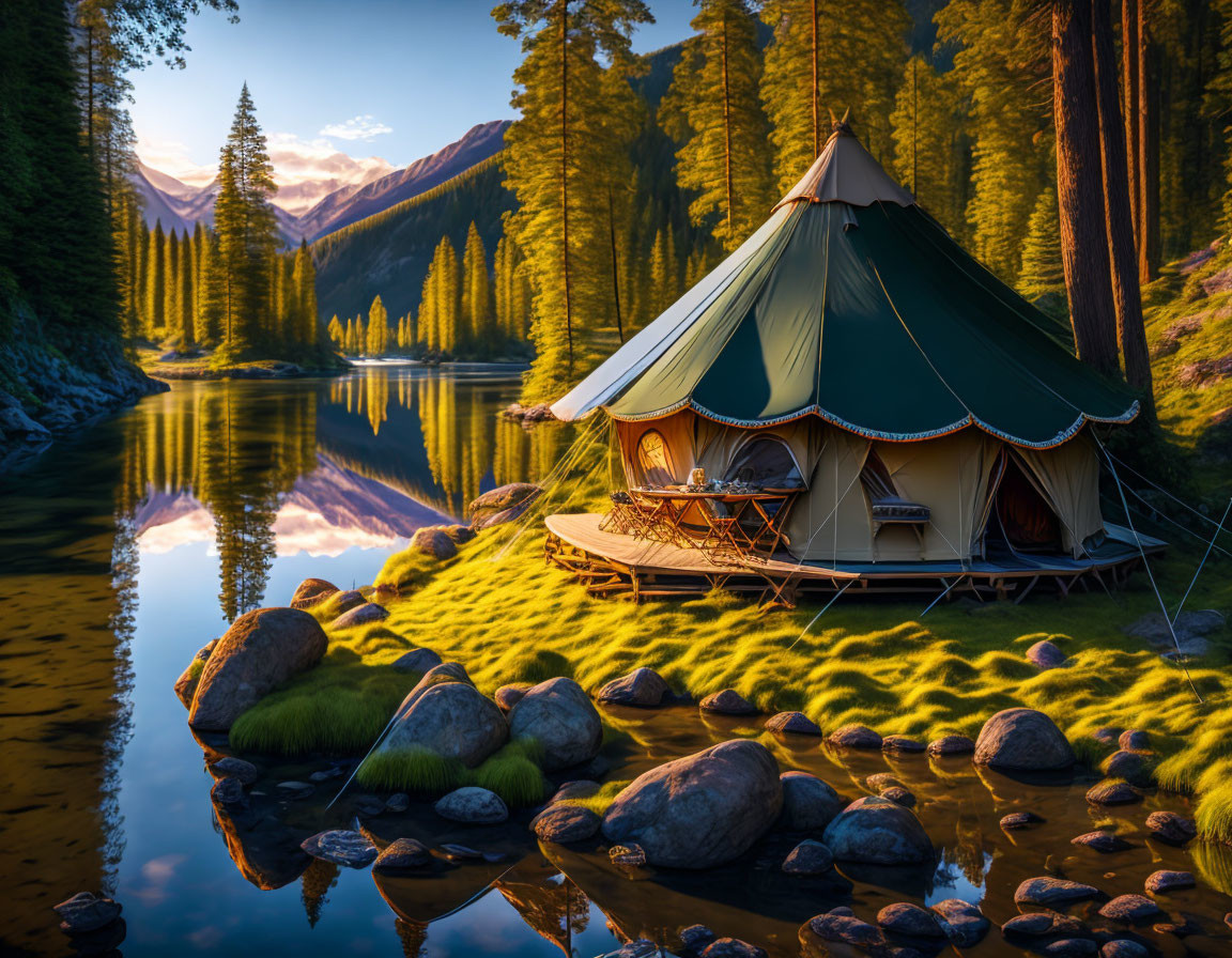 Luxurious Camping Tent by Tranquil Lake with Pine Trees and Sunset Mountains