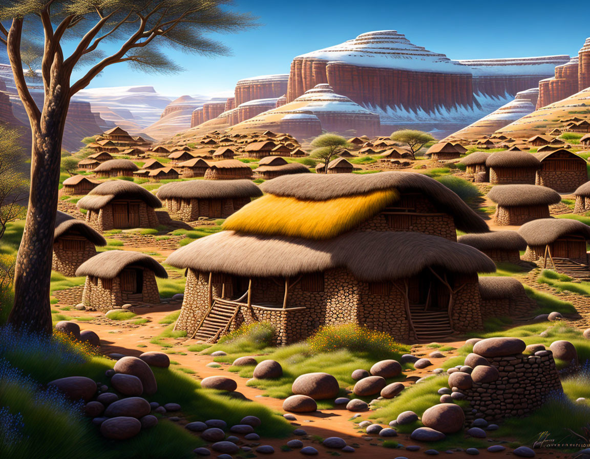 Digital art: Serene village with thatched-roof huts, rocky terrain, greenery,