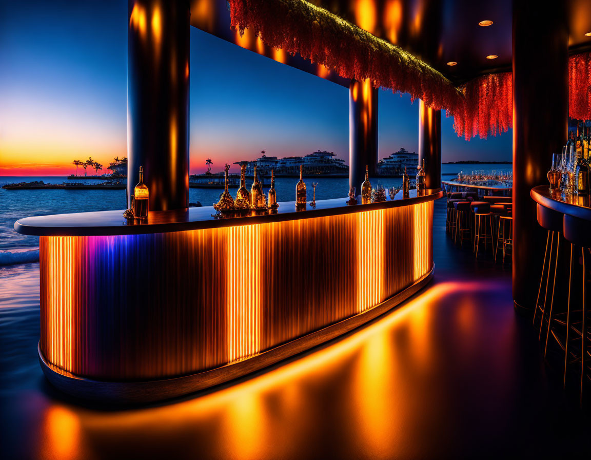 Curved illuminated bar against ocean sunset with palm trees and ships