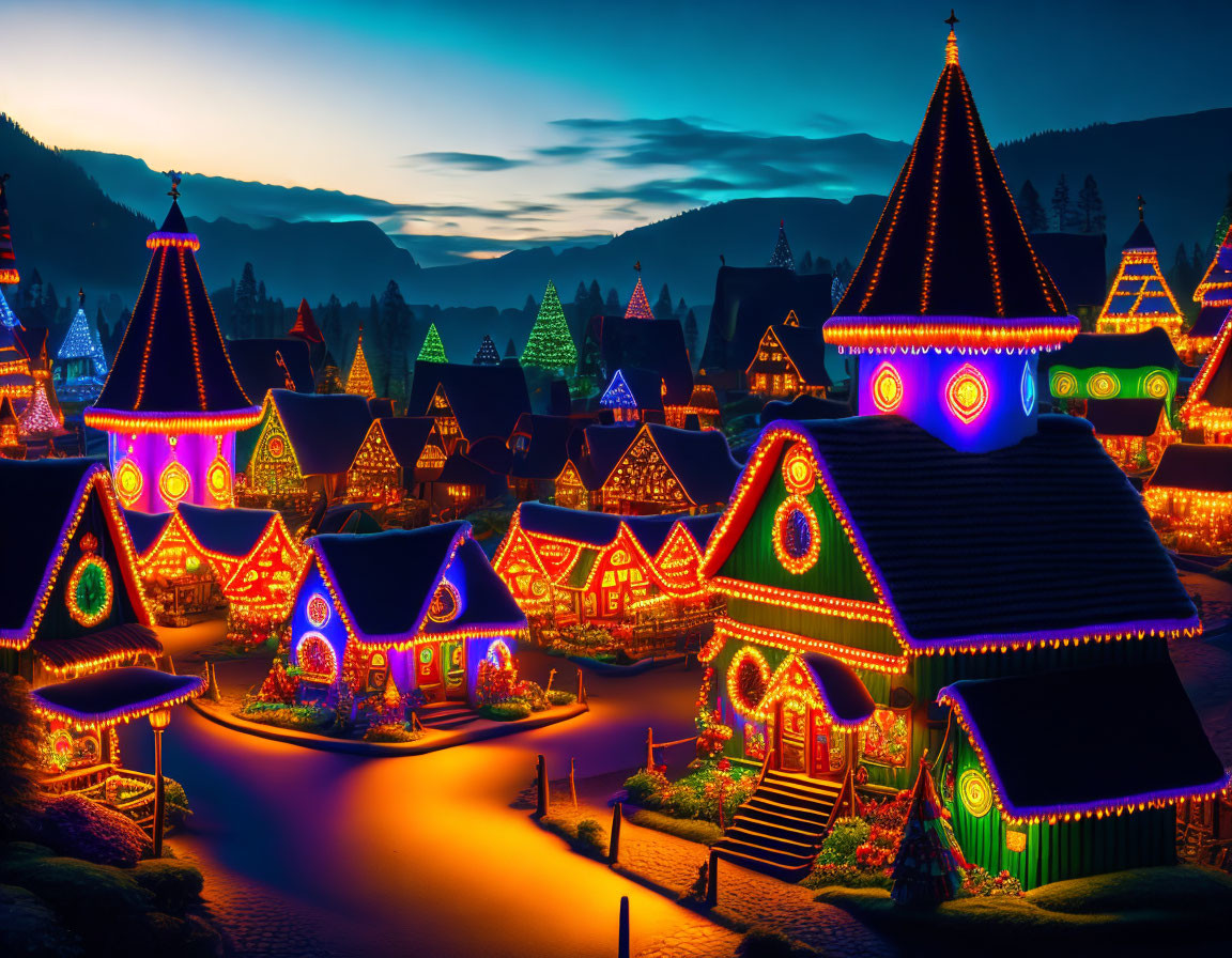 Vibrant Christmas lights adorn snowy village at dusk