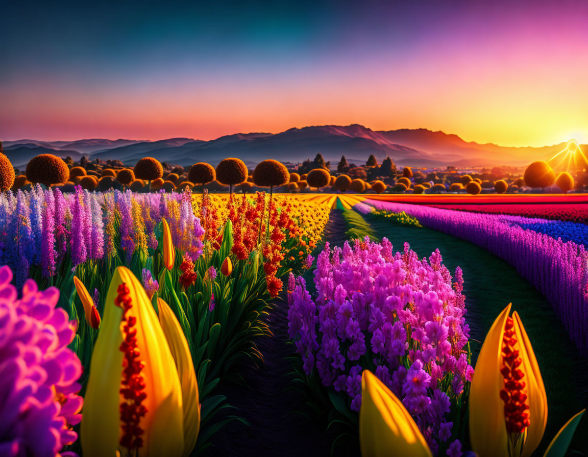 Colorful Sunset Over Vibrant Flower Fields and Rolling Hills