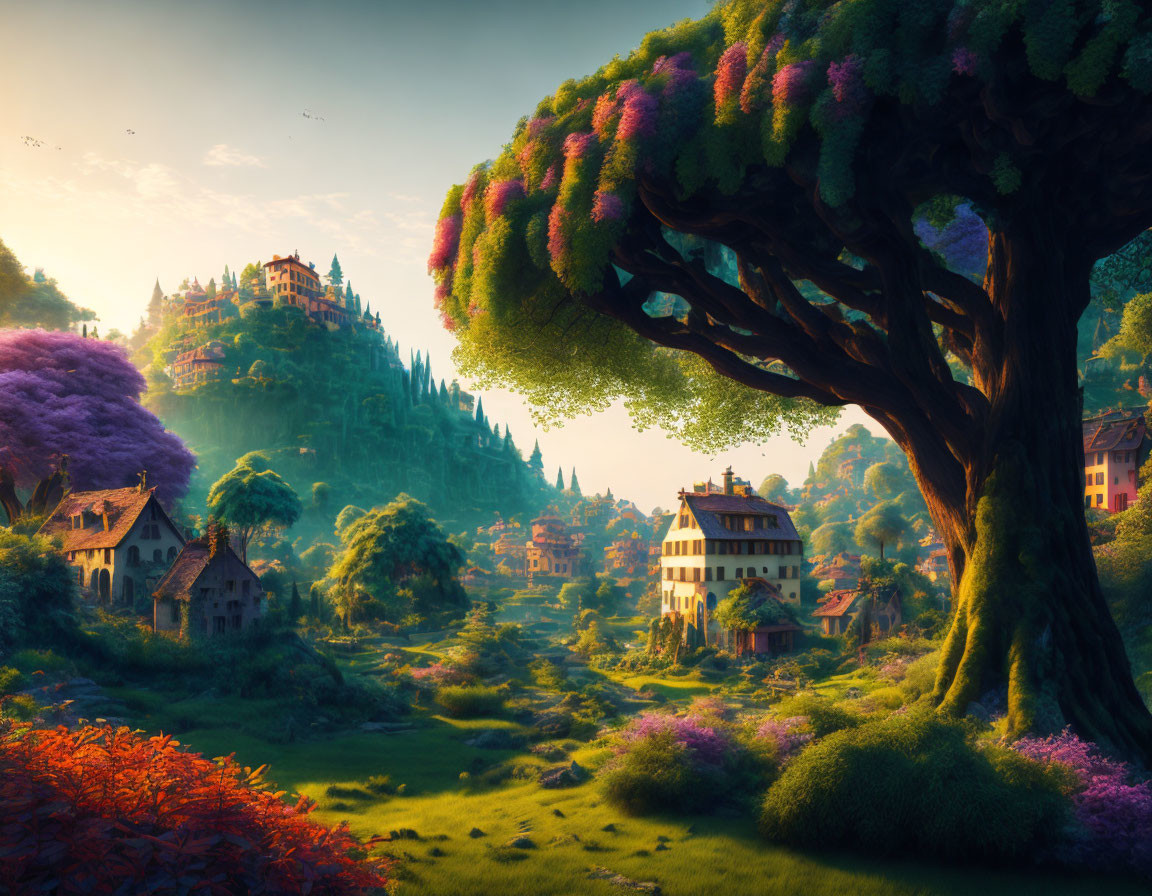 Vibrant flowering tree in mystical landscape with castle and houses