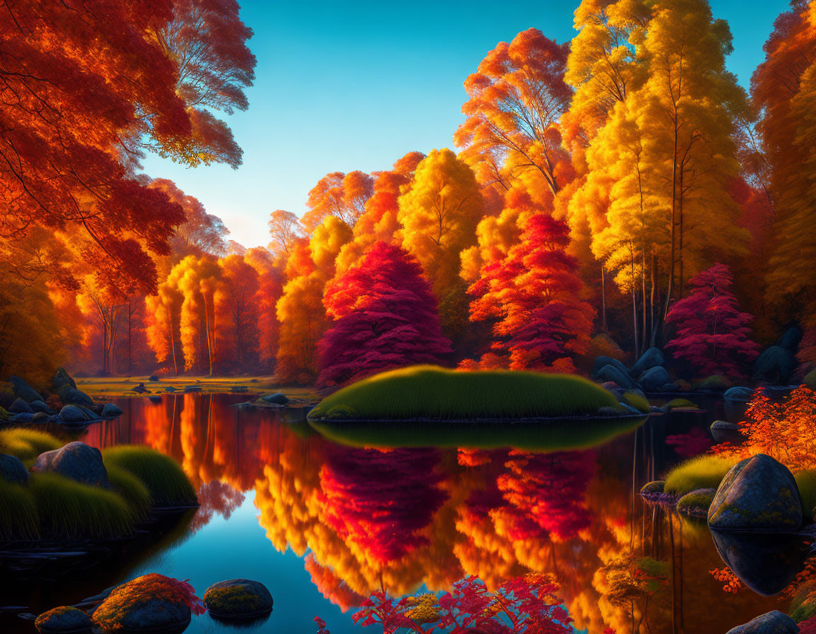 Scenic autumn forest with fiery foliage reflected in serene lake