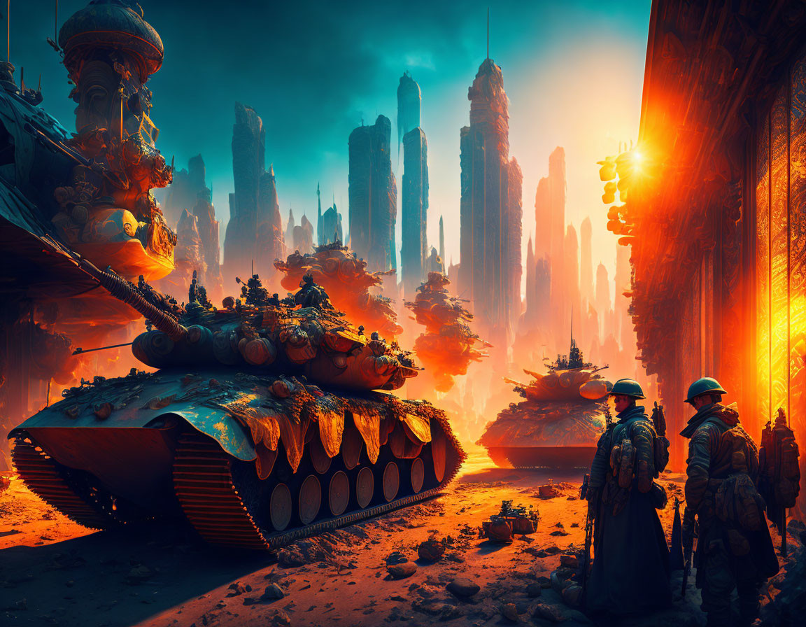 Futuristic cityscape with soldiers and armored tank in orange sky