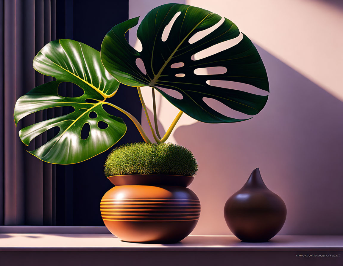 Monstera plant, moss sphere, and vase on windowsill with sunlight shadows