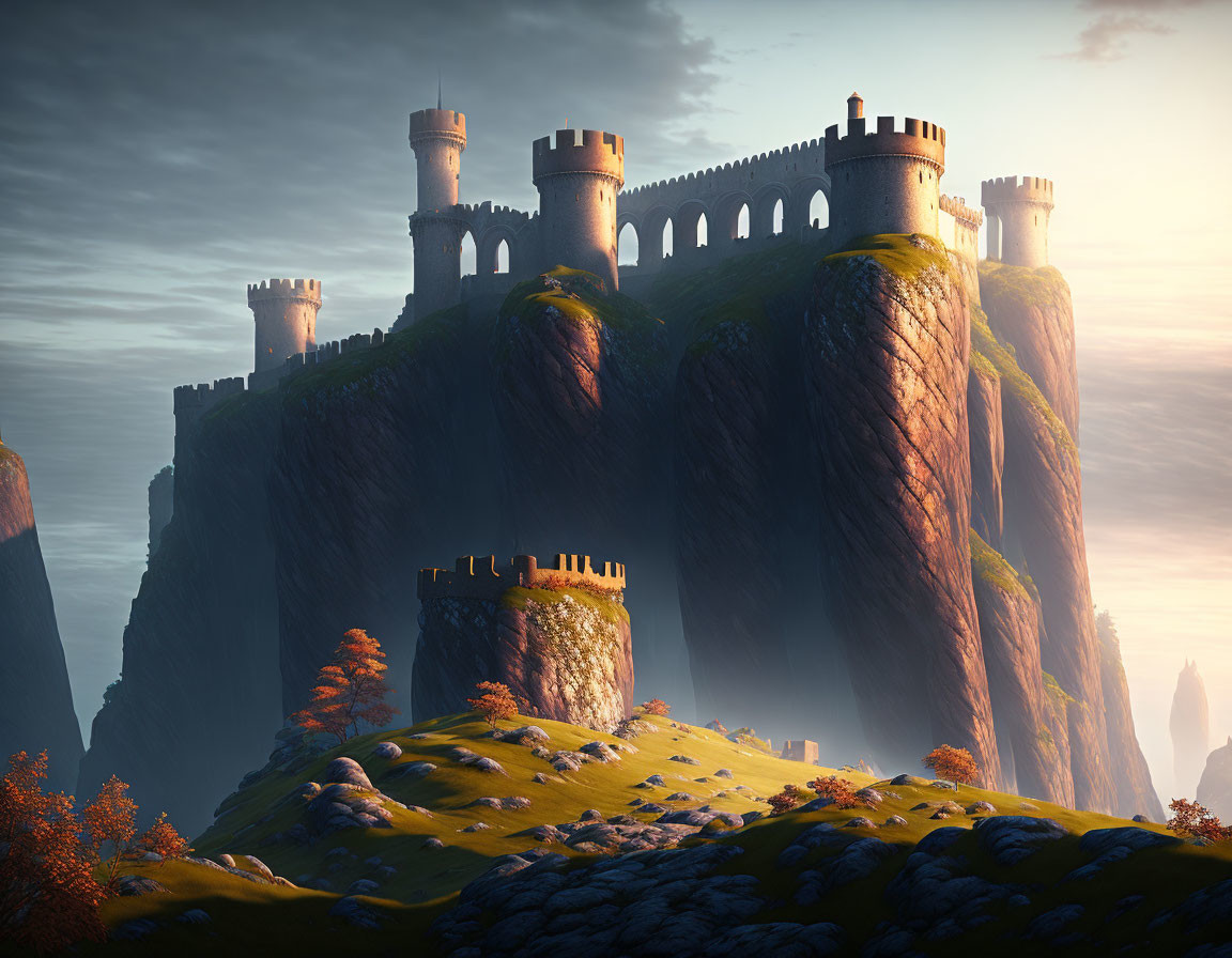 Majestic castle on steep cliffs at golden sunset.