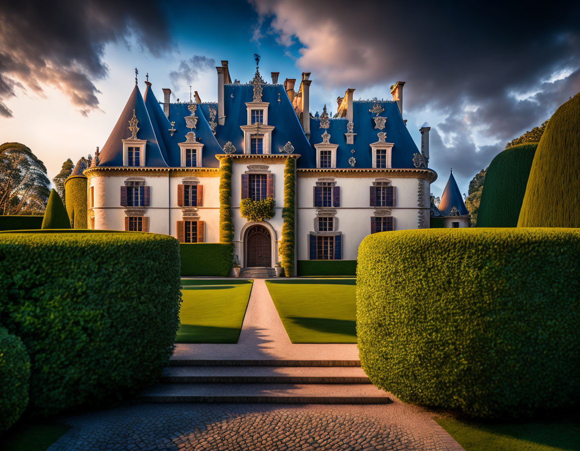 Symmetrical chateau with pointed turrets and landscaped gardens