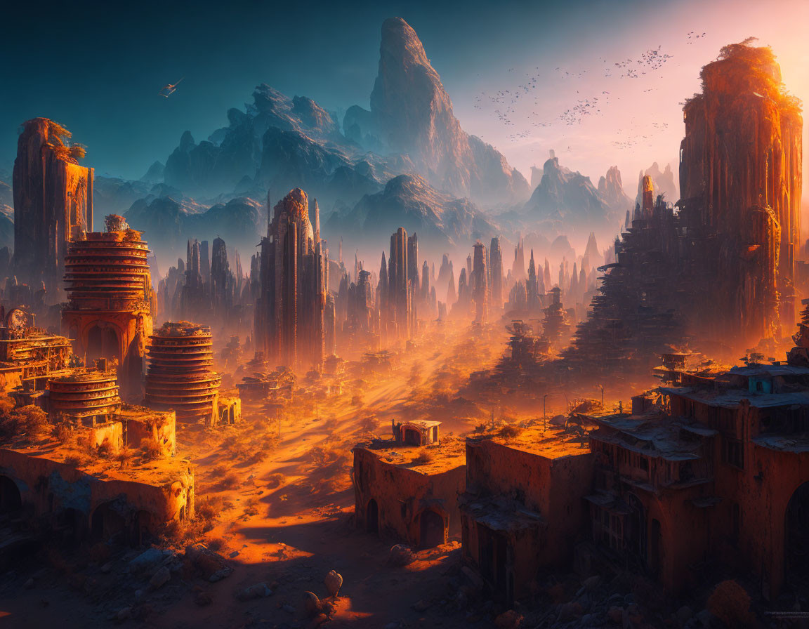 Mystical fantasy landscape with ancient ruins and rock formations