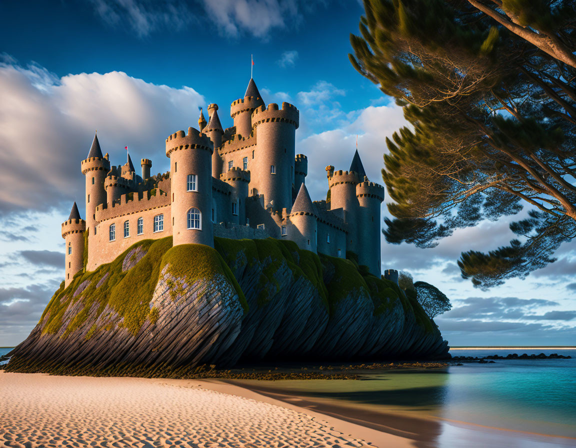 Majestic fairy-tale castle on rocky hill by calm waters at sunset