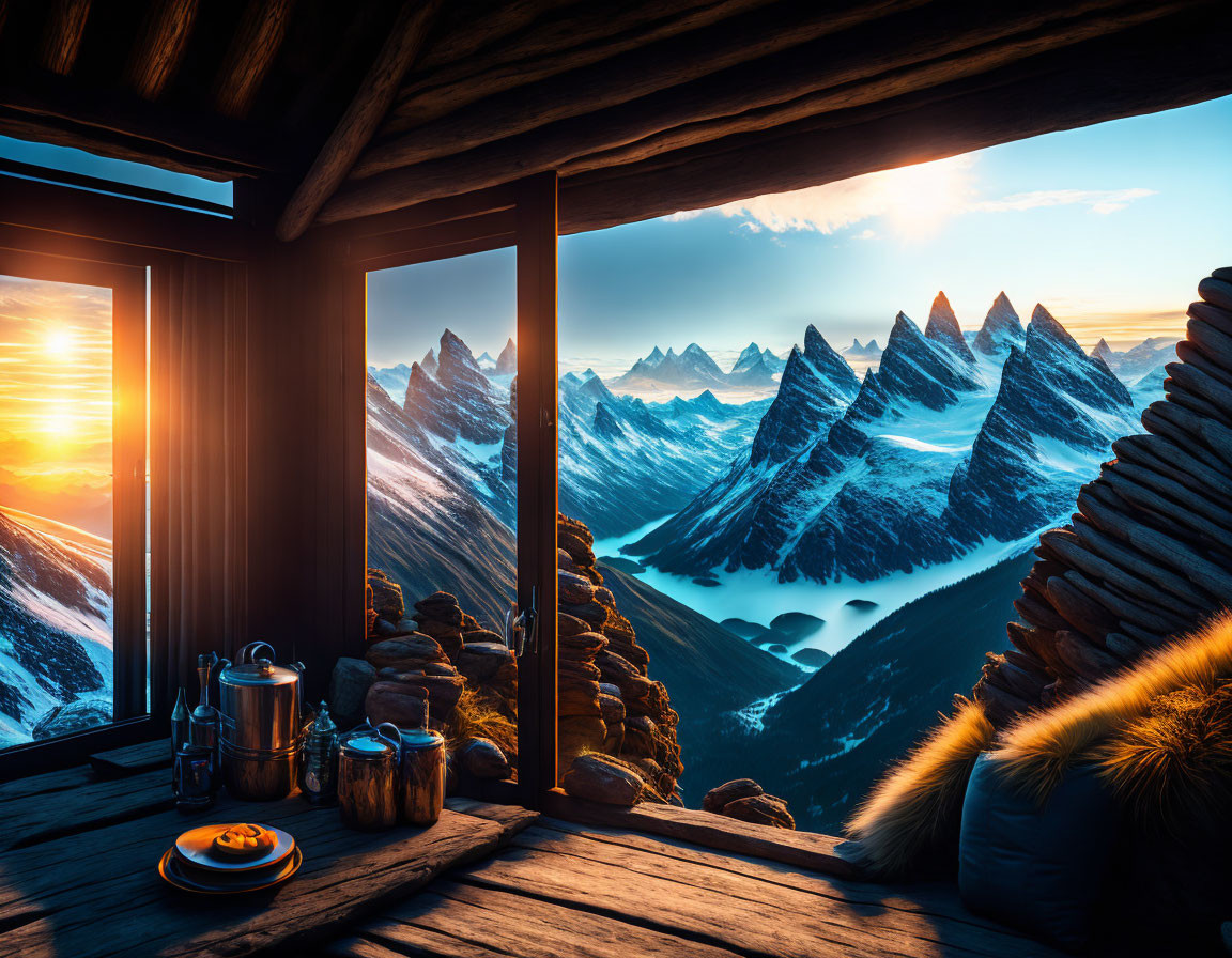 Snowy Peaks Sunset View in Cozy Mountain Cabin