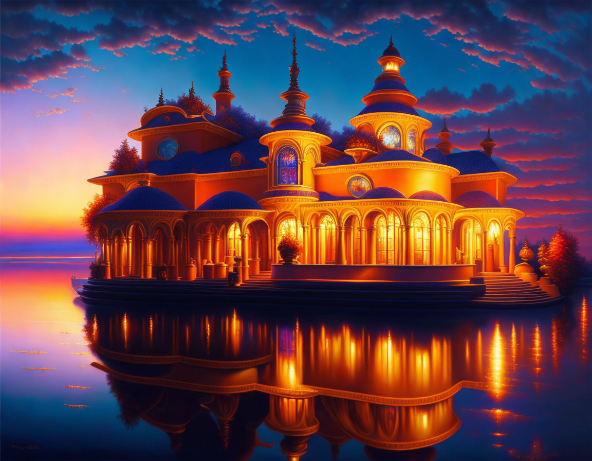 Luminescent palace with golden domes and arches reflecting over tranquil water at twilight