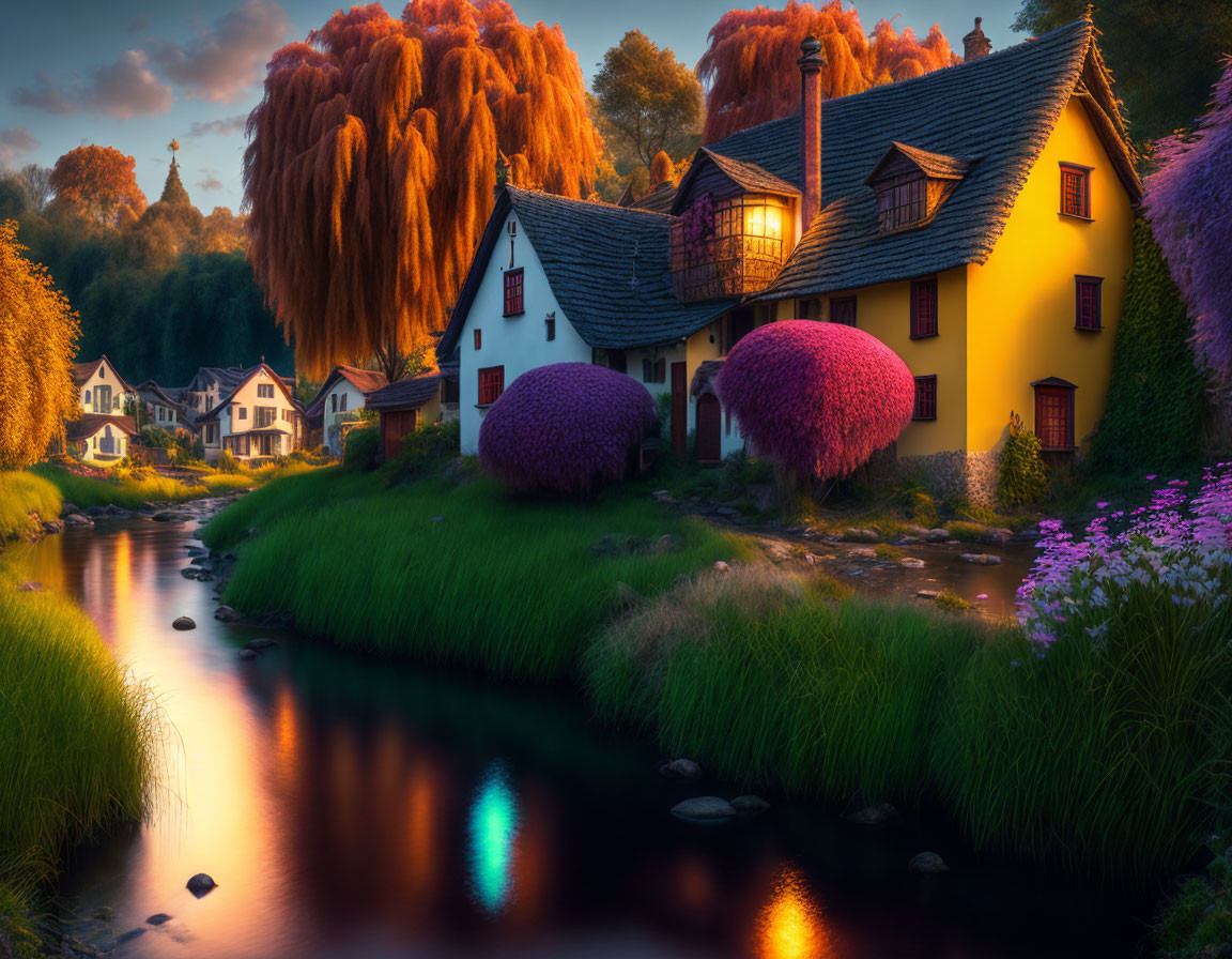 Colorful Thatched-Roof Cottages Along River at Sunset