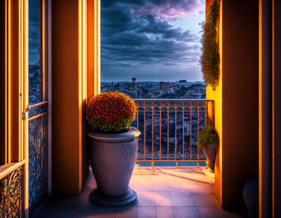 Cityscape balcony view at dusk with warm lighting and dramatic cloudy sky.