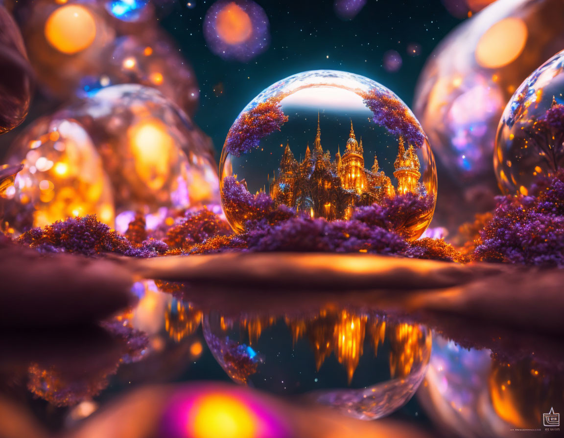 Fantasy scene with glowing crystal orbs and castle in purple foliage.