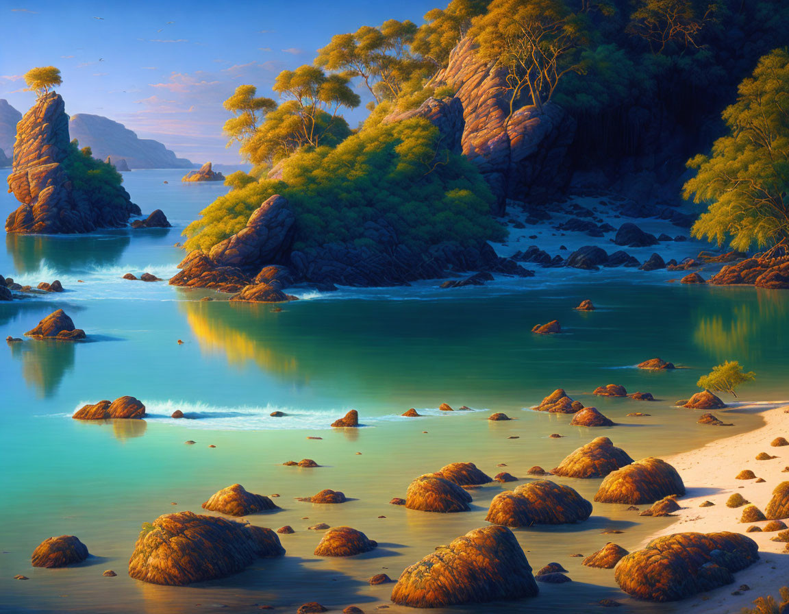 Tranquil Beach Scene with Turquoise Waters and Rocky Shores